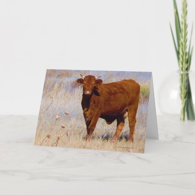 Funny Happy Birthday from Cute Young Red Cow Card (Front)