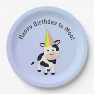 Funny Happy Birthday to Moo Cute Party Cow Paper Plate