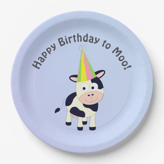 Funny Happy Birthday to Moo Cute Party Cow Paper Plate (Front)