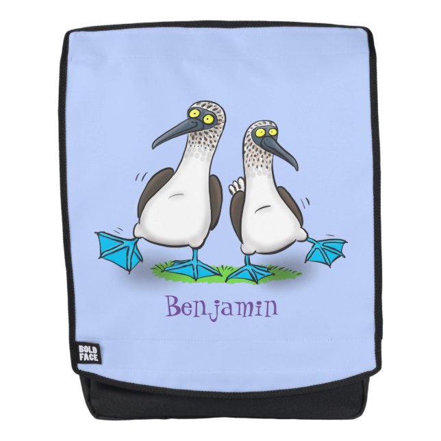 Funny, happy blue footed boobies dancing cartoon backpack (Front)