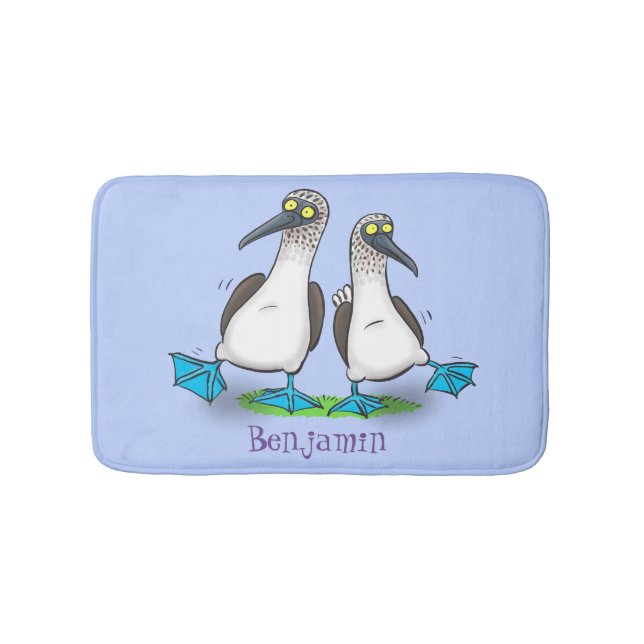 Funny, happy blue footed boobies dancing cartoon bath mat (Front)