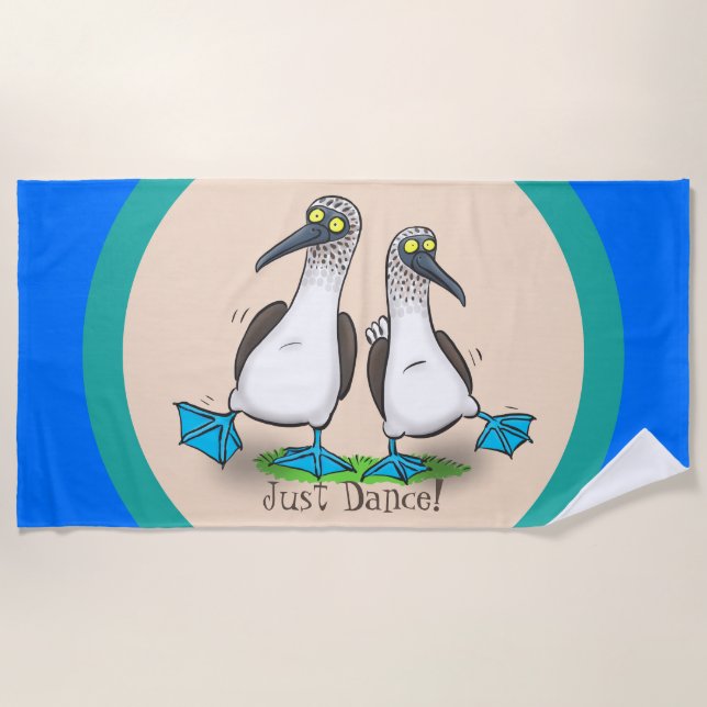 Funny, happy blue footed boobies dancing cartoon beach towel (Front)