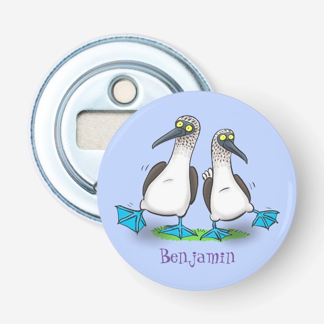 Funny, happy blue footed boobies dancing cartoon bottle opener (Front)