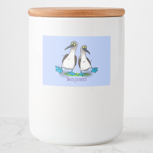 Funny, happy blue footed boobies dancing cartoon food label (Front)