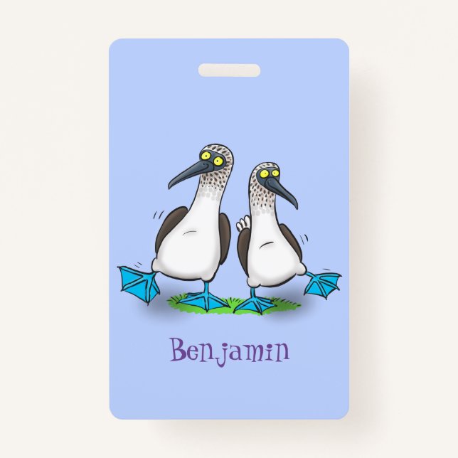 Funny, happy blue footed boobies dancing cartoon ID badge (Front)