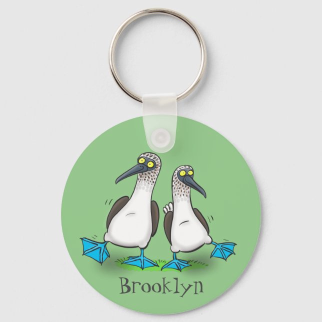 Funny, happy blue footed boobies dancing cartoon key ring (Front)