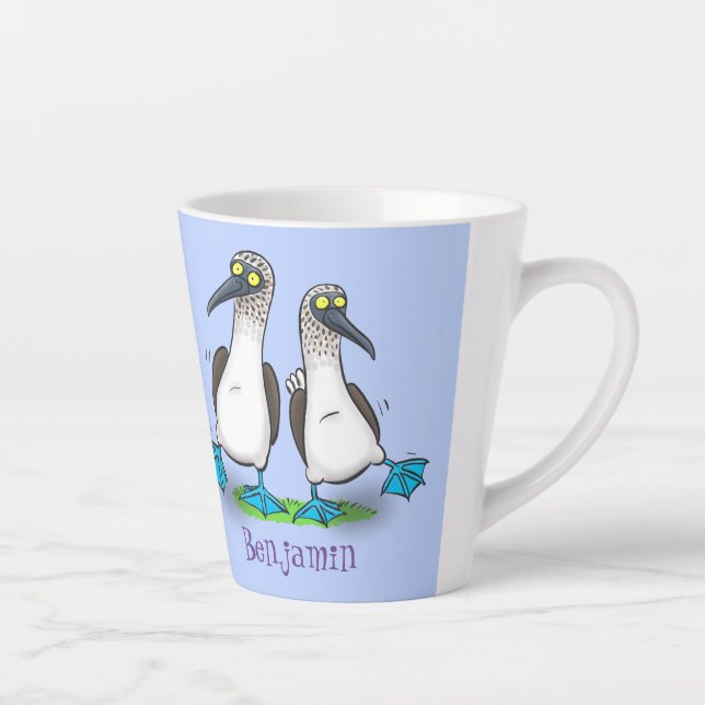 Funny, happy blue footed boobies dancing cartoon latte mug (Right)