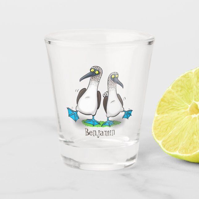 Funny, happy blue footed boobies dancing cartoon  shot glass (Front)