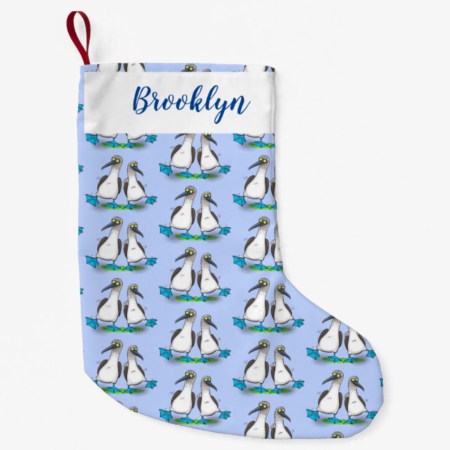 Funny, happy blue footed boobies dancing cartoon small christmas stocking (Front)
