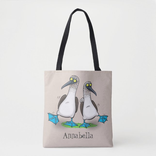 Funny, happy blue footed boobies dancing cartoon tote bag (Front)