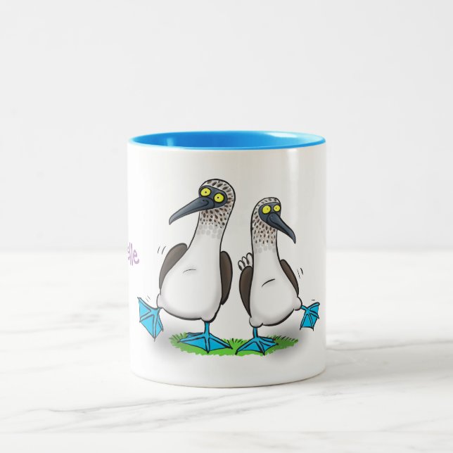 Funny, happy blue footed boobies dancing cartoon Two-Tone coffee mug (Center)