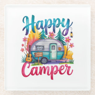 Funny Happy Camper Camping Apparel Trailer RV Kids Glass Coaster