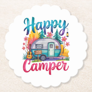 Funny Happy Camper Camping Apparel Trailer RV Kids Paper Coaster