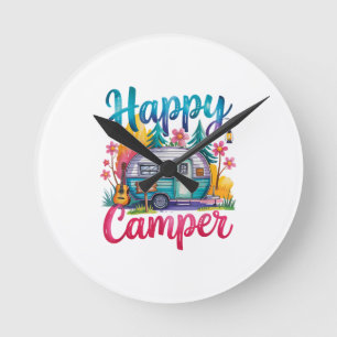 Funny Happy Camper Camping Apparel Trailer RV Kids Round Clock