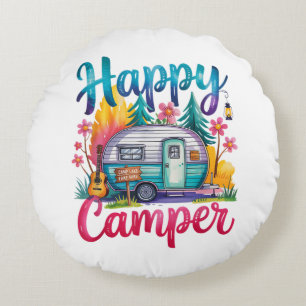 Funny Happy Camper Camping Apparel Trailer RV Kids Round Cushion