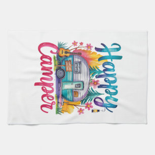 Funny Happy Camper Camping Apparel Trailer RV Kids Tea Towel