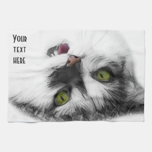 Funny happy cat customisable tea towel