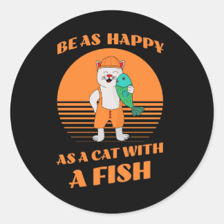 Funny happy cat holding a fish. Funny Feline Classic Round Sticker