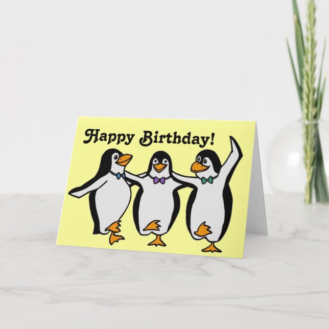 Funny Happy Dancing Penguins Birthday Card (Front)