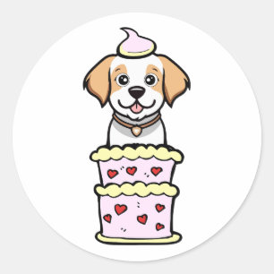 Funny happy dog jumping out of a cake classic round sticker