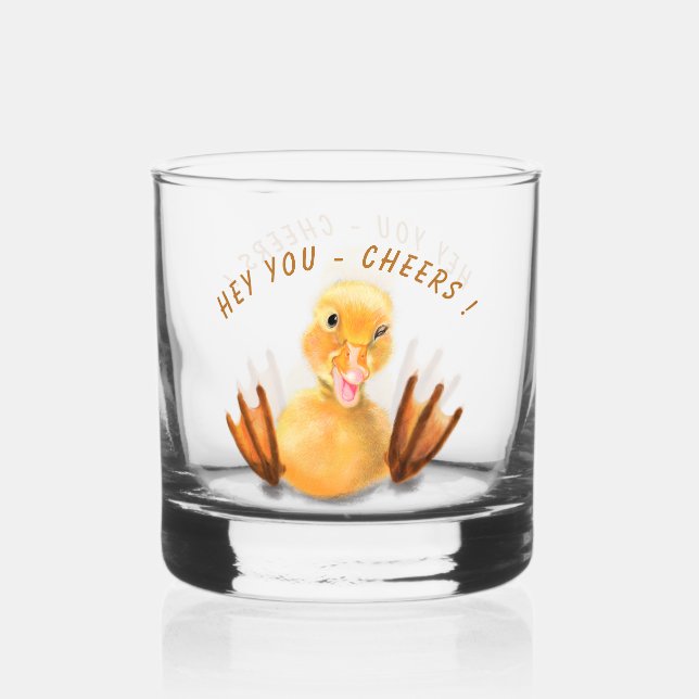Funny Happy Duck Cheers Custom Text Whiskey Glass (Front)