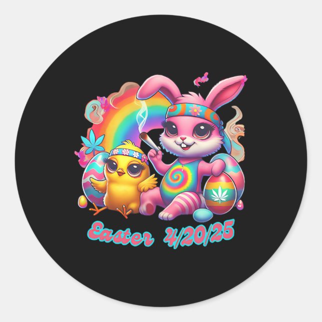 Funny Happy Easter Bunny Chick Smoking Weed  Classic Round Sticker (Front)