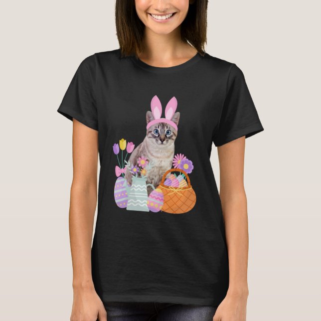 Funny happy easter cute cat bunny eggs basket rabb T-Shirt (Front)