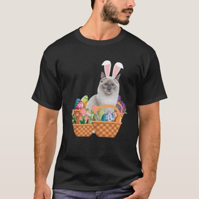 Funny happy easter cute cat bunny eggs basket rabb T-Shirt (Front)