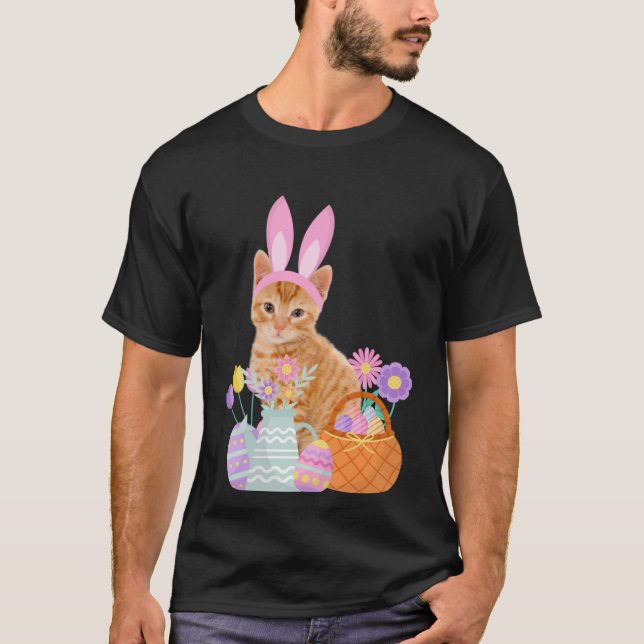 Funny happy easter cute cat bunny eggs basket rabb T-Shirt (Front)