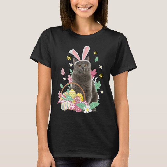 Funny happy easter cute cat bunny eggs basket rabb T-Shirt (Front)