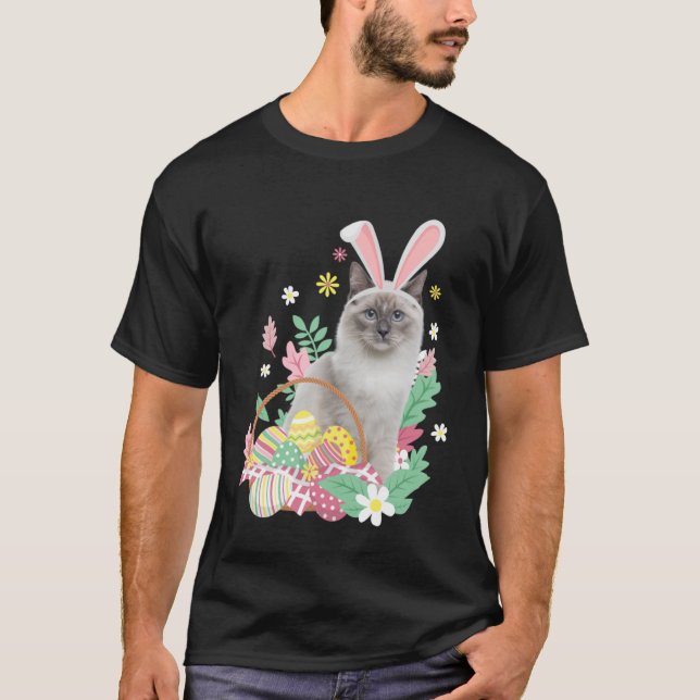 Funny happy easter cute cat bunny eggs basket rabb T-Shirt (Front)