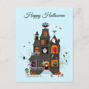 Funny Happy Halloween Haunted House People Postcard