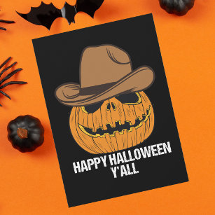 Funny Happy Halloween Y'all Cowboy Jack O Lantern Holiday Card