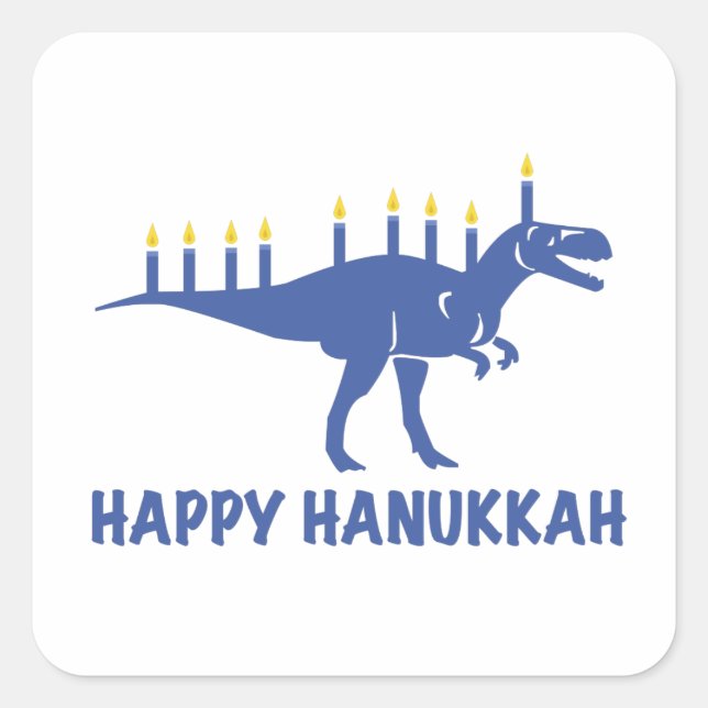 Funny Happy Hanukkah Dinosaur Menorah Candle Square Sticker (Front)