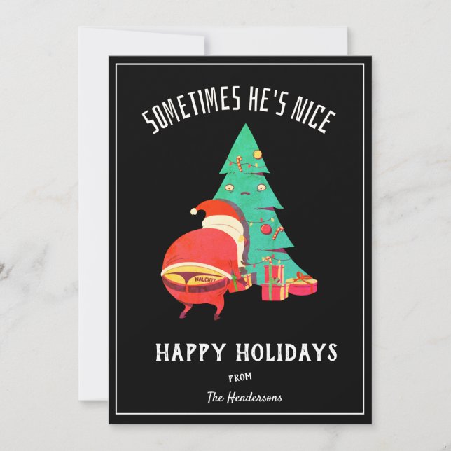 Funny Happy Holidays Greeting Naughty Santa Black Holiday Card (Front)