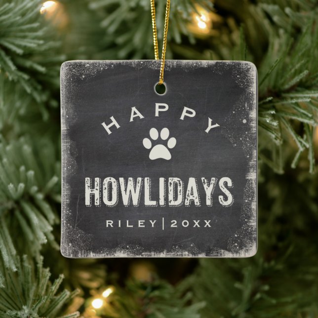 Funny Happy Howlidays Dog Photo and Name Custom Ceramic Tree Decoration (Tree)