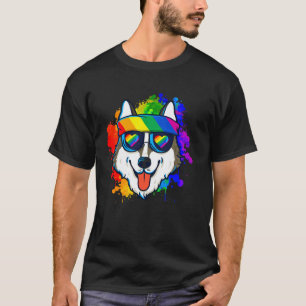 Funny Happy Husky in Sunglasses and Headband Dog L T-Shirt