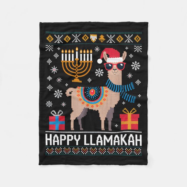 Funny Happy Llamakah Llama With Menorah  Fleece Blanket (Front)