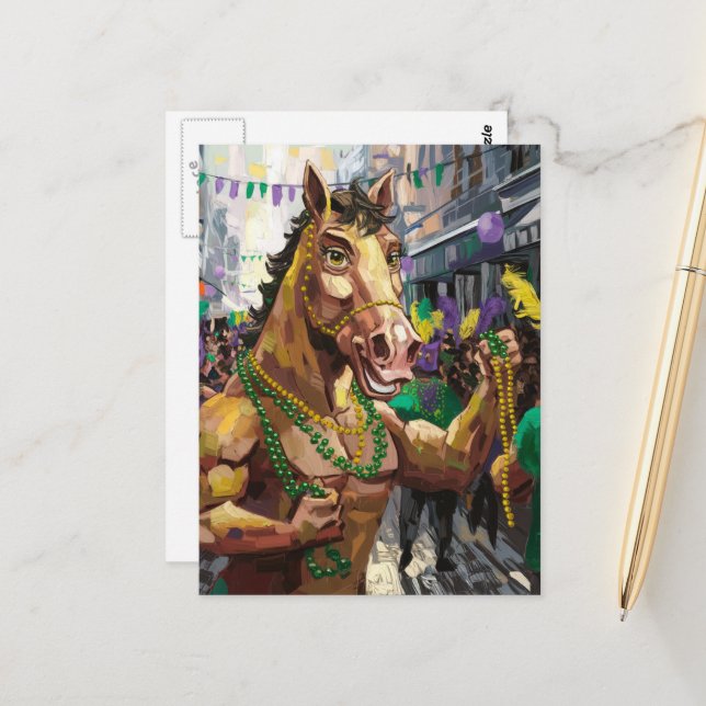 Funny Happy Mardi Gras Horse Postcard (Front/Back In Situ)