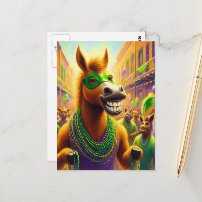 Funny Happy Mardi Gras Horse With Beads Postcard (Front/Back In Situ)