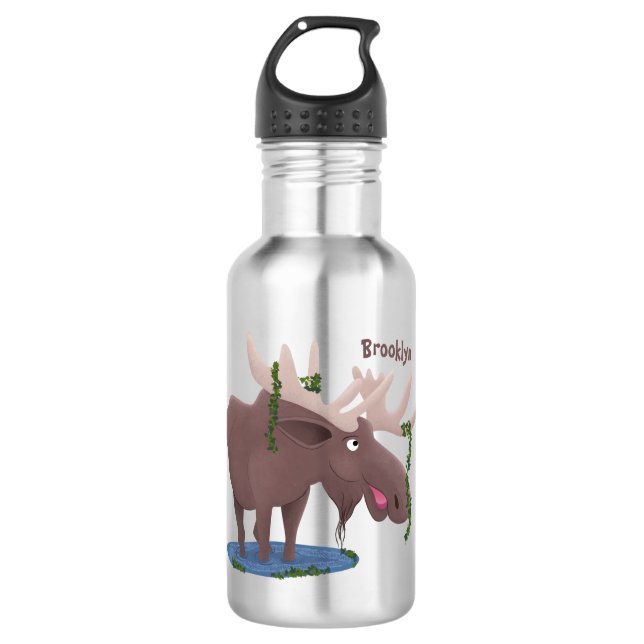 Funny happy moose cartoon illustration 532 ml water bottle (Front)