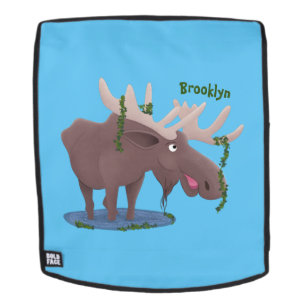 Funny happy moose cartoon illustration  backpack