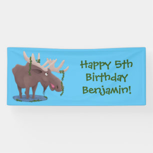 Funny happy moose cartoon illustration banner