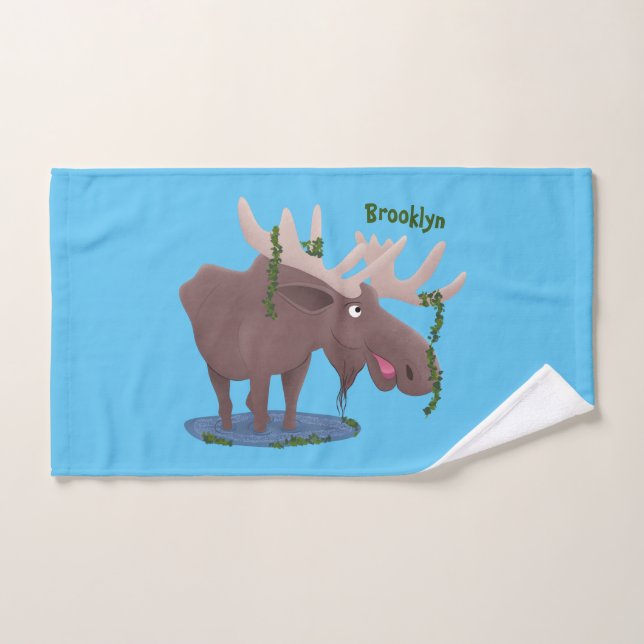 Funny happy moose cartoon illustration bath towel set (Hand Towel)