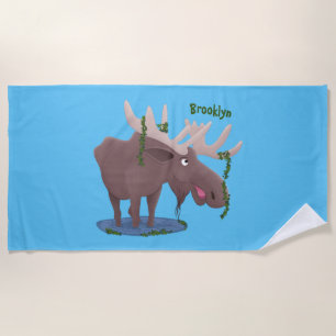 Funny happy moose cartoon illustration beach towel