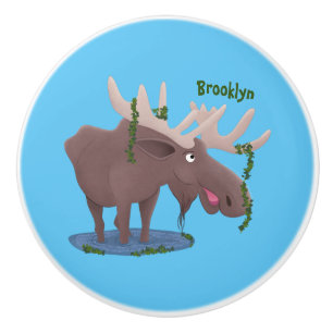 Funny happy moose cartoon illustration ceramic knob