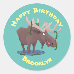 Funny happy moose cartoon illustration classic rou classic round sticker