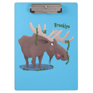 Funny happy moose cartoon illustration clipboard