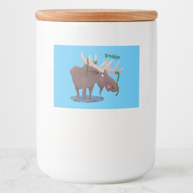 Funny happy moose cartoon illustration food label (Front)