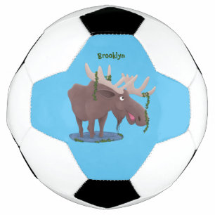 Funny happy moose cartoon illustration football